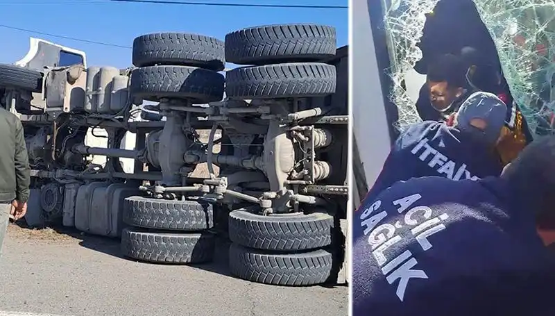 Virajı Alamayan Kamyonun Yan Yatması Trafiği Felç Etti